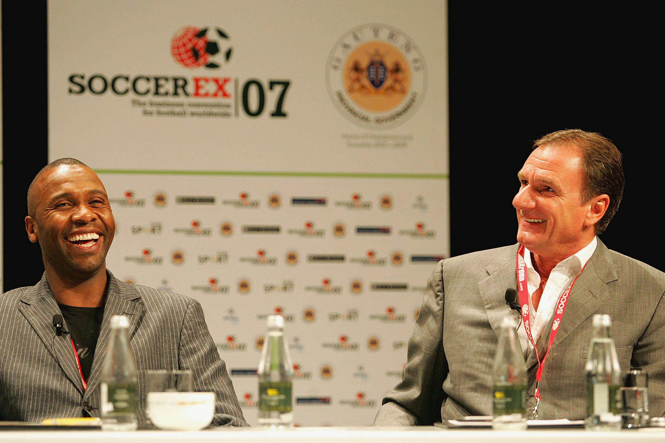 SANDTON, SOUTH AFRICA - NOVEMBER 28: Former Leeds United captain Lucas Radebe and Phill Thompson, formerly of Liverpool during day 4 of the SoccerEx at Sandton Convention Centre on November 27, 2007 in Sandton, South Africa. (Photo by Lefty Shivambu/Gallo Images/Getty Images)